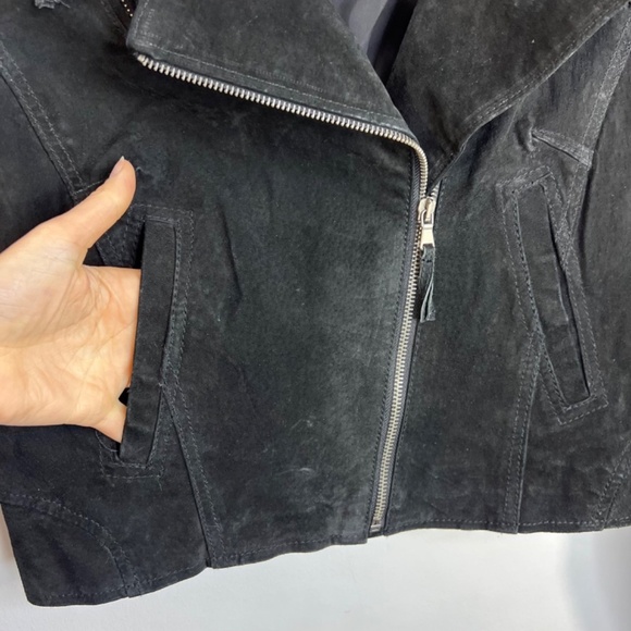 Vero Moda Jeans black suede leather cropped asymmetrical zipper moto jacket L - Picture 11 of 14